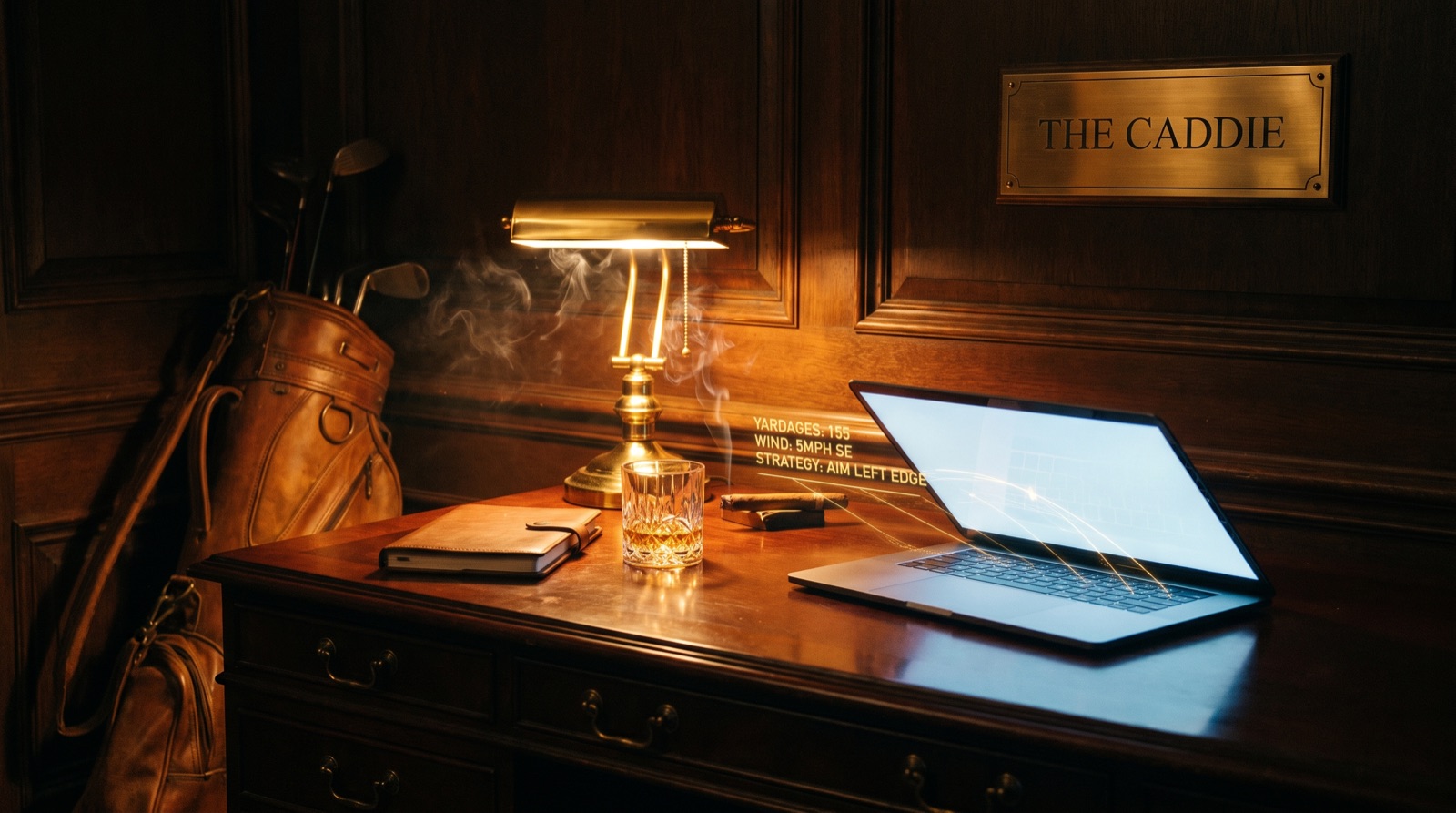 A brass plaque reading The Caddie above a desk with an old leather golf bag, a brass lamp and an open laptop.