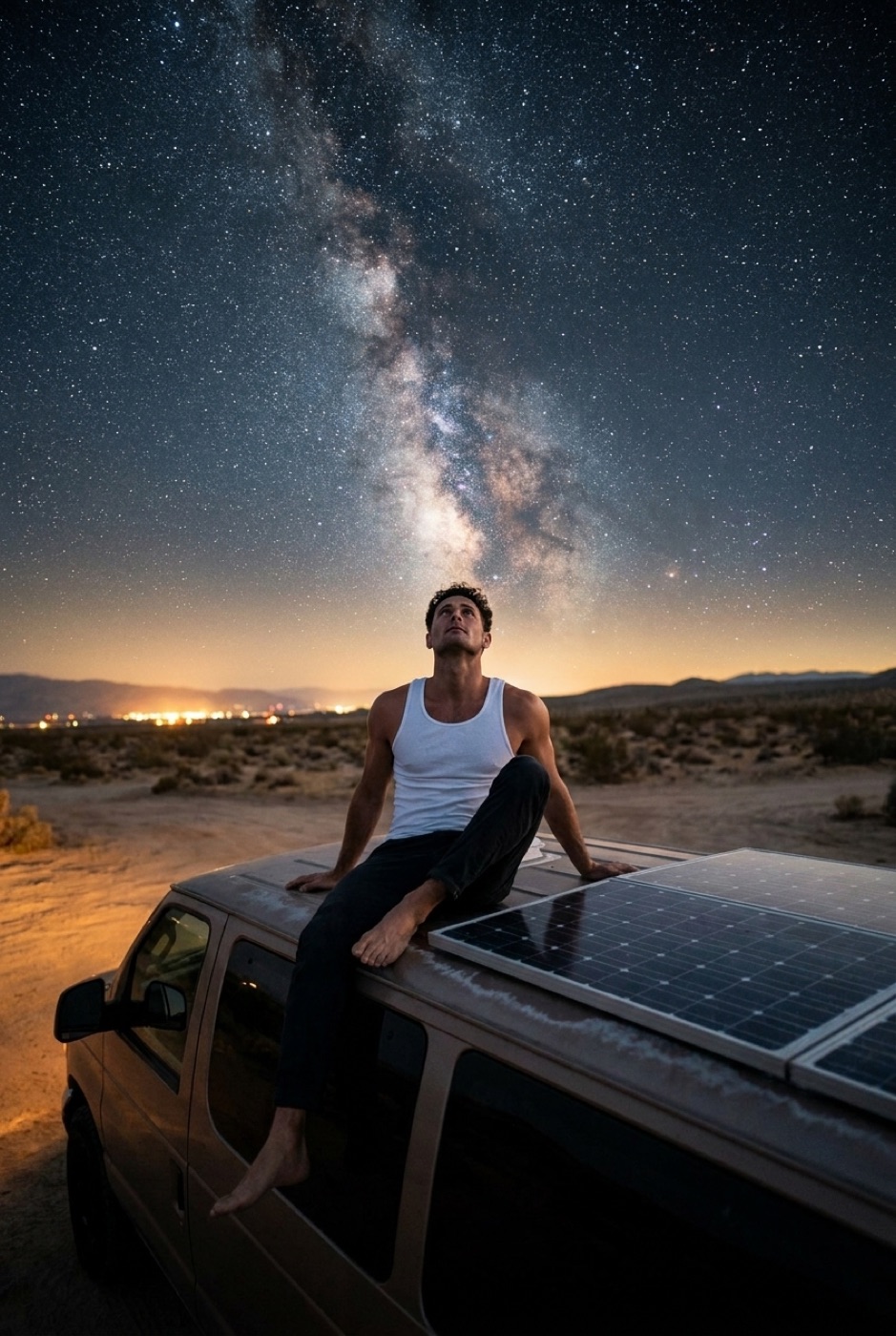A builder on a van roof under the whole night sky, city lights on the horizon