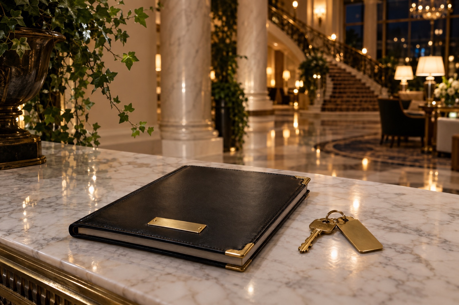The house manual on the marble lobby console, a brass key beside it