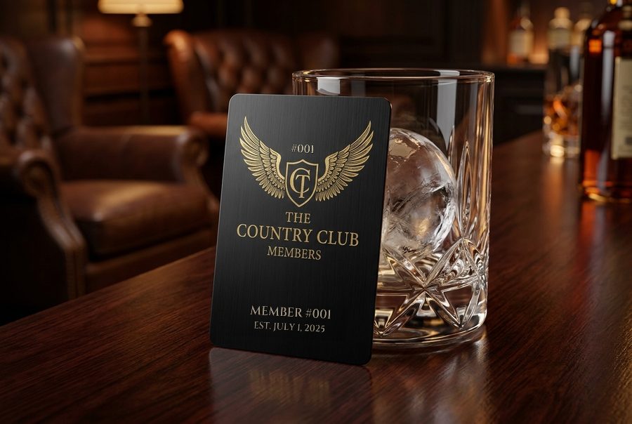 The engraved membership card of № 001 — the c1ub's first number, cut in metal