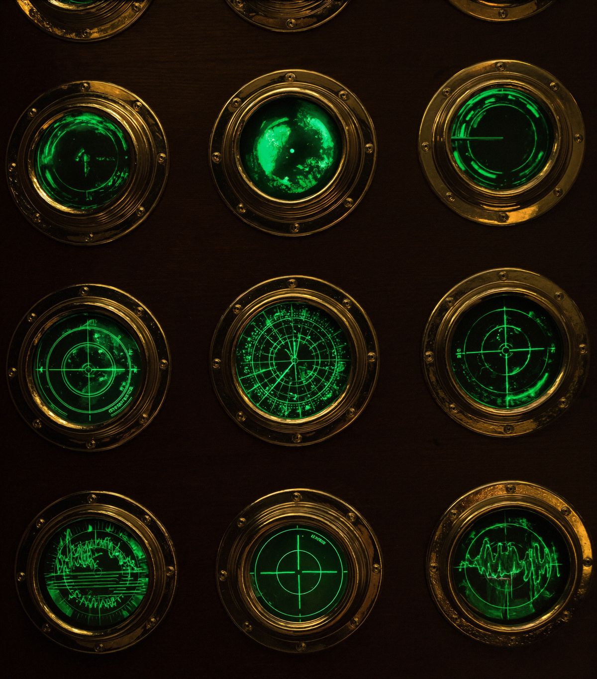 The control room's brass instruments glowing emerald in the dark