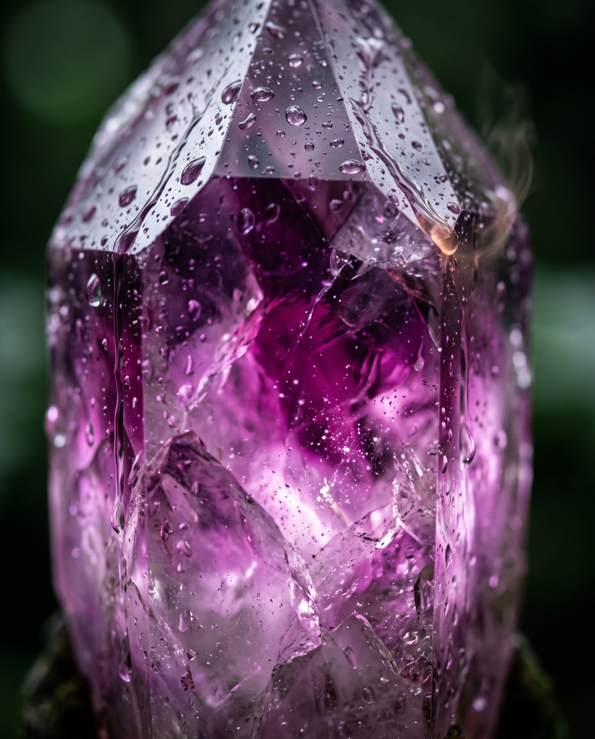 A macro of wet amethyst facets refracting violet light — a stone being read before the cut