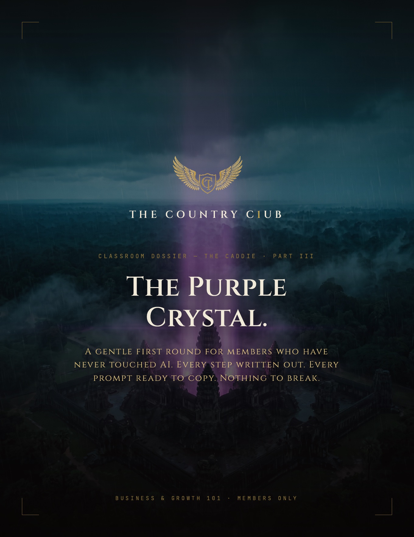 Dossier page 1 — cover: The Purple Crystal, a gentle first round for members who have never touched AI