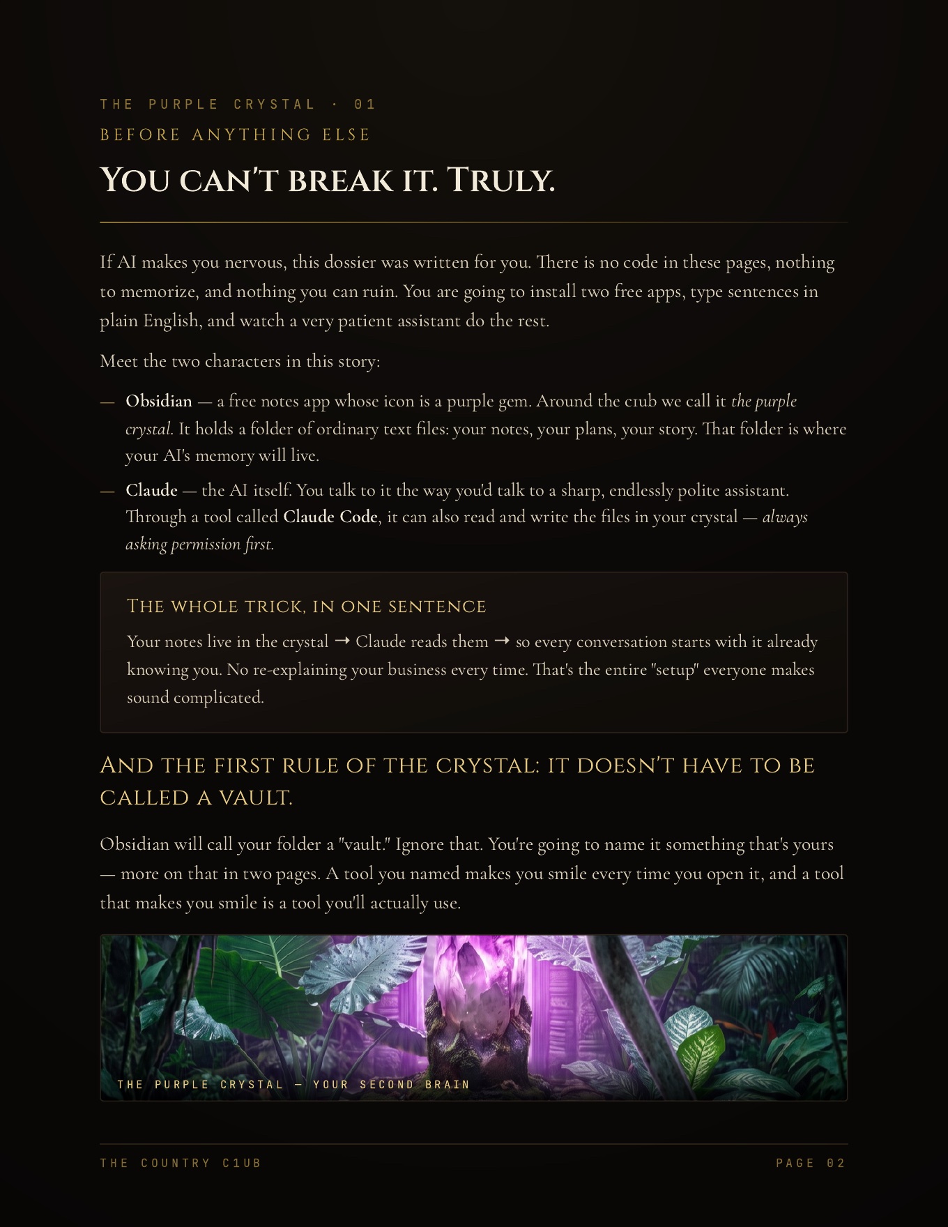 Dossier page 2 — You can't break it. Truly. Meet Obsidian, the purple crystal, and Claude, the caddie
