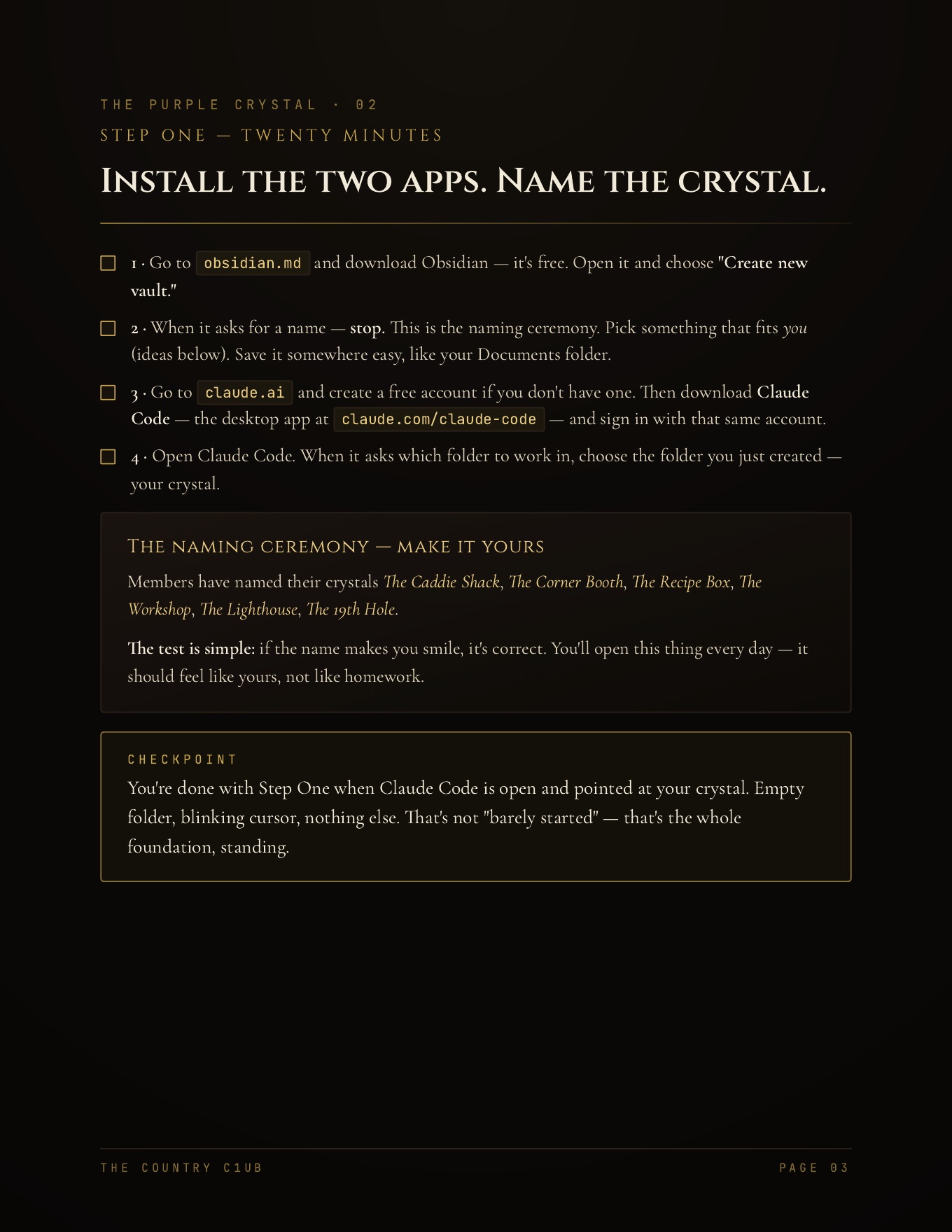 Dossier page 3 — Step One: install the two apps and hold the naming ceremony