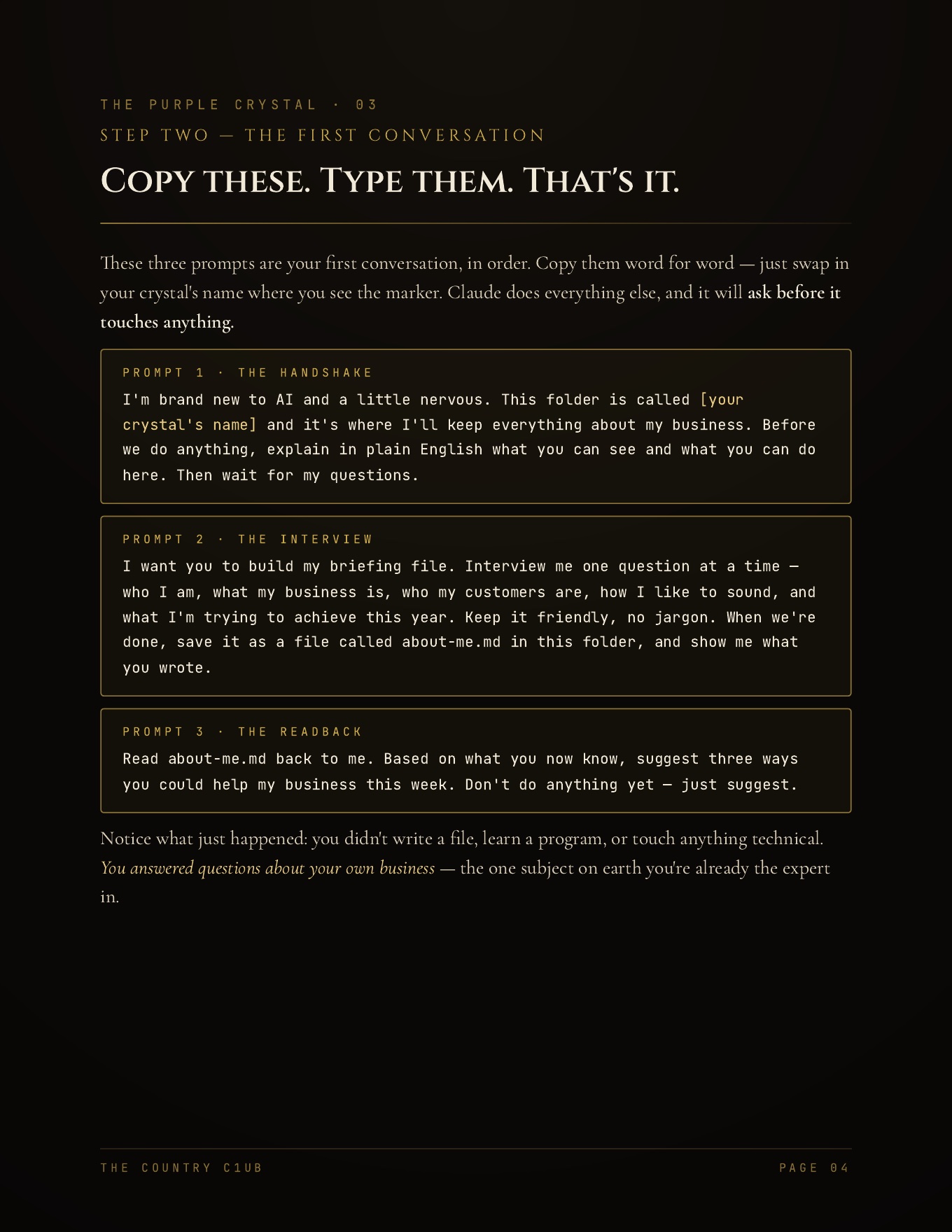 Dossier page 4 — Step Two: the first conversation, three prompts to copy