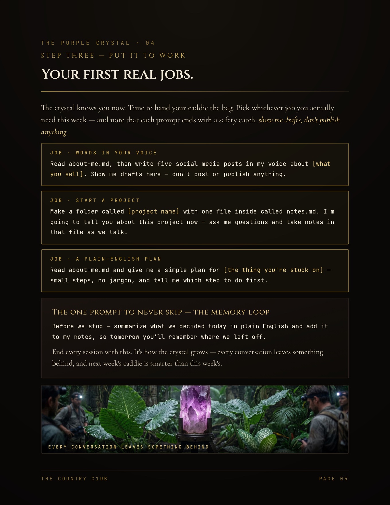 Dossier page 5 — Step Three: your first real jobs and the memory loop