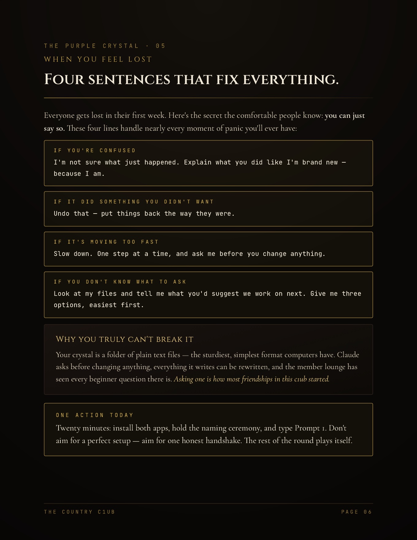 Dossier page 6 — four sentences that fix everything when you feel lost