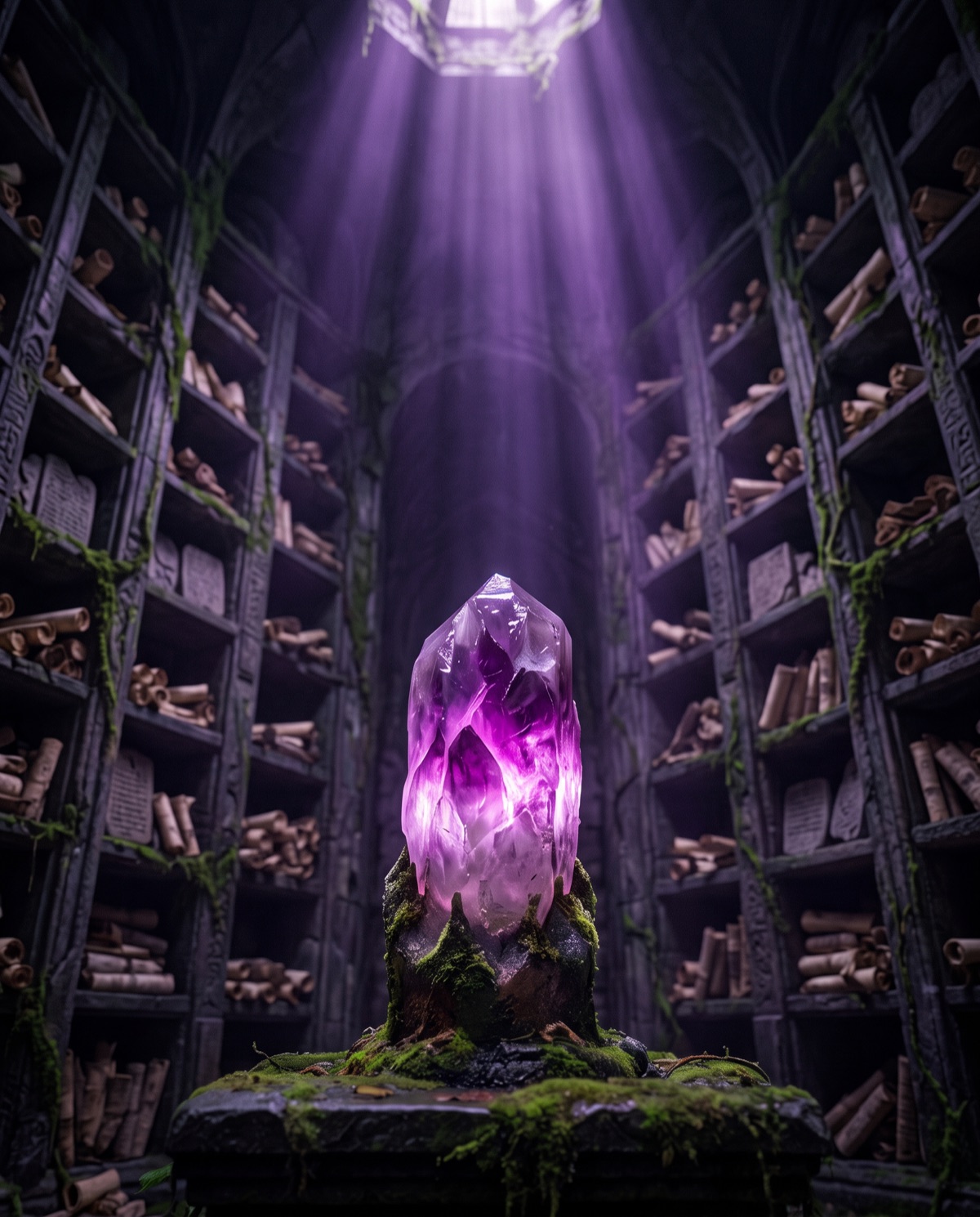 A vaulted stone library of scrolls lit by a glowing amethyst on its altar