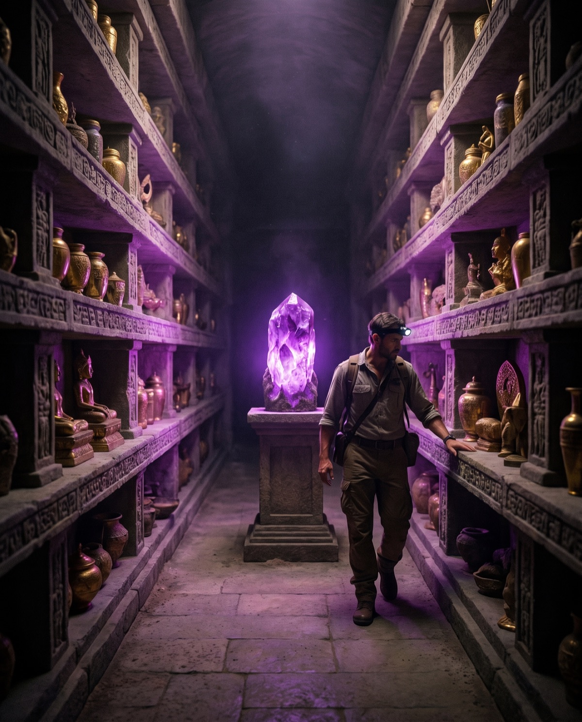 An explorer walking a perfectly ordered vault of golden artifacts on carved stone shelves