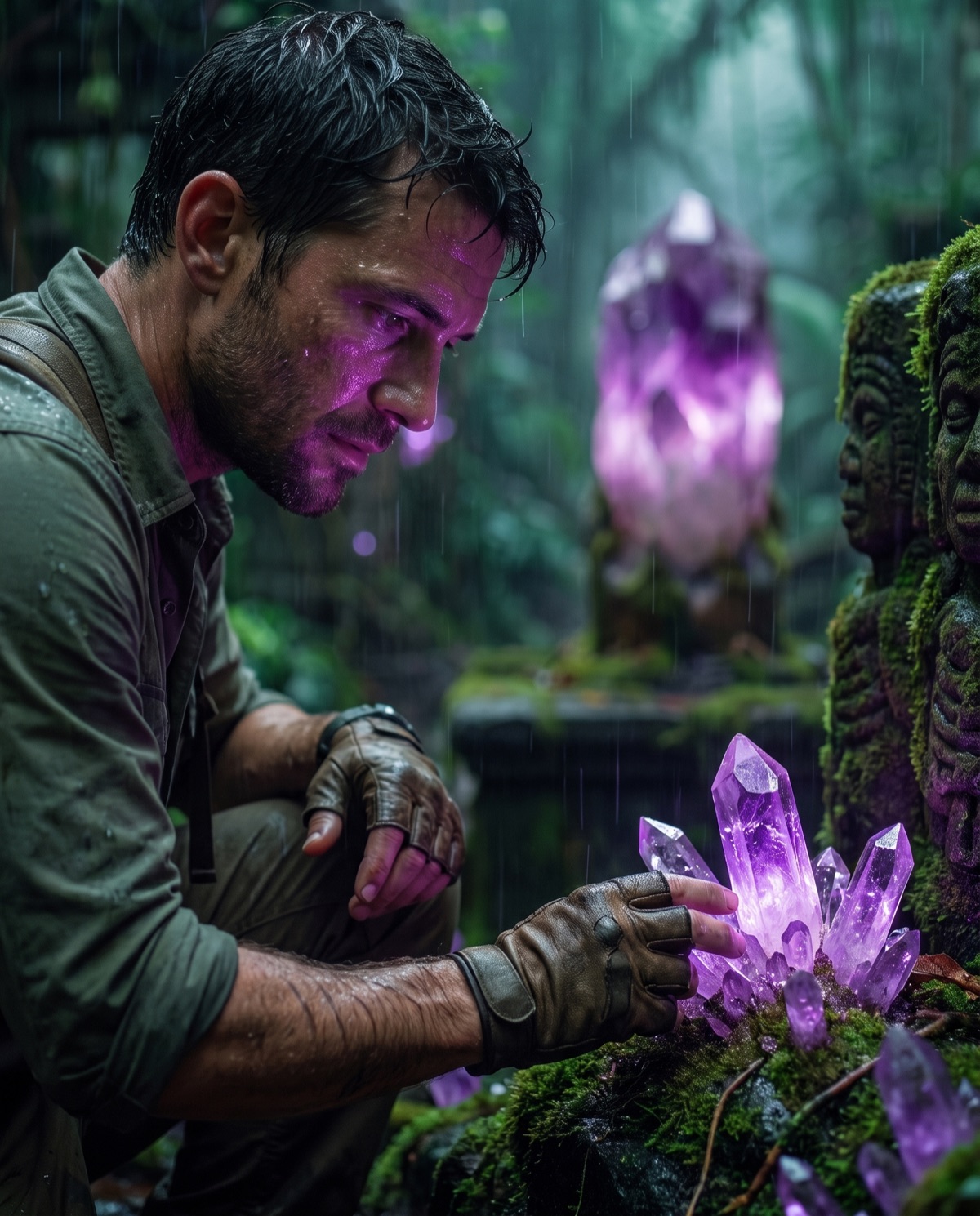 An explorer touching a newborn cluster of amethyst crystals growing from mossy stone
