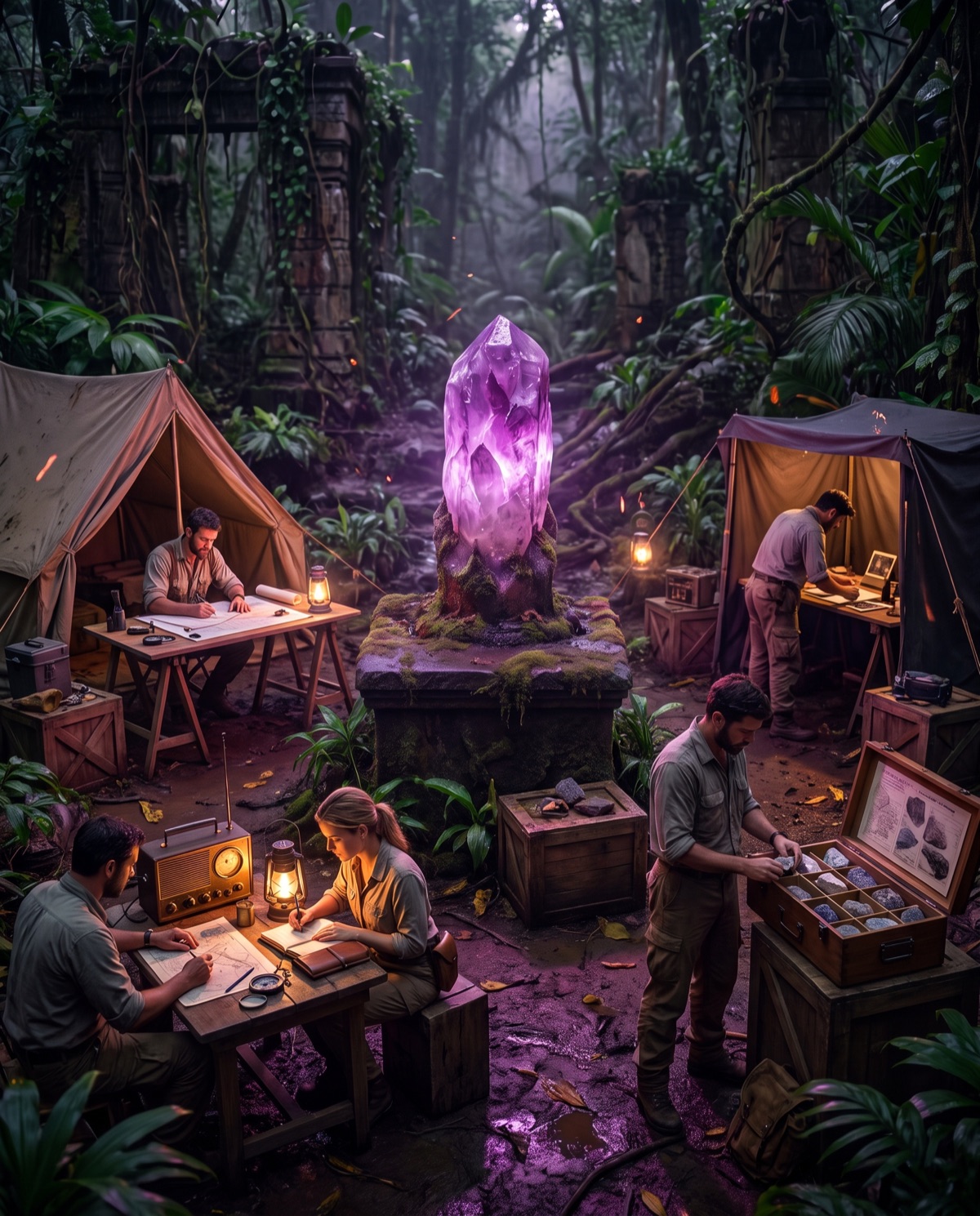 An expedition camp at work around the glowing crystal — maps, radios, and journals under lantern light