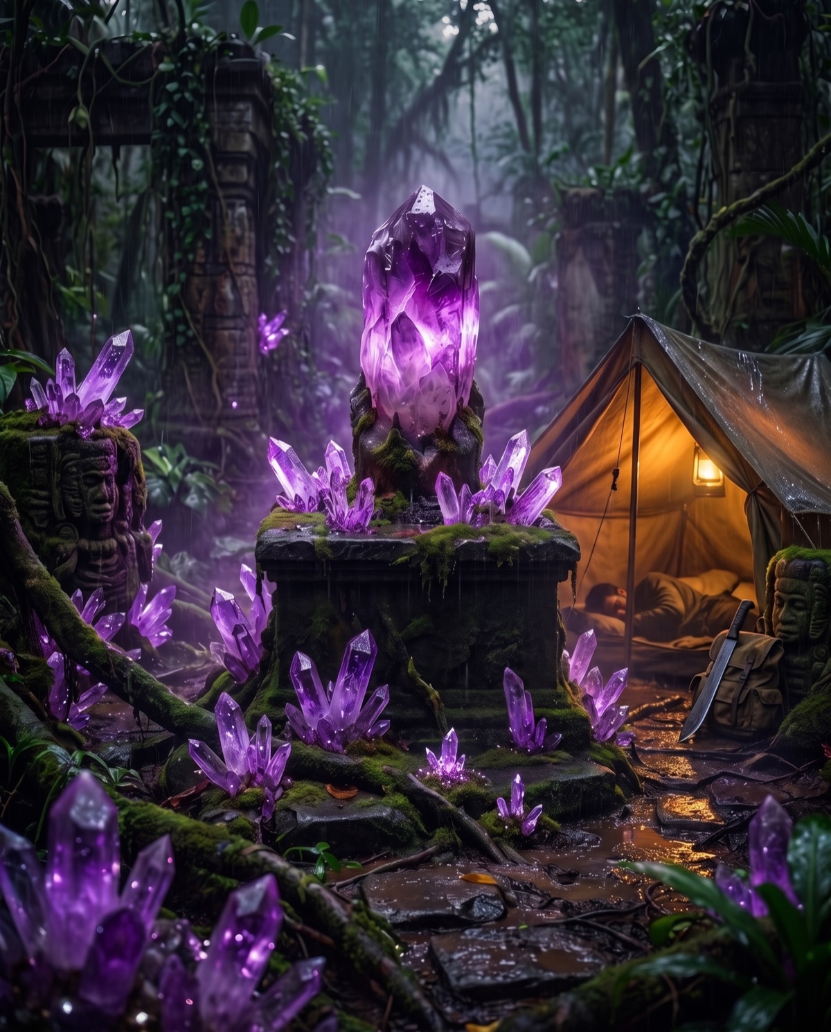 A night camp in the ruins, tent lit warm beside the glowing crystal garden