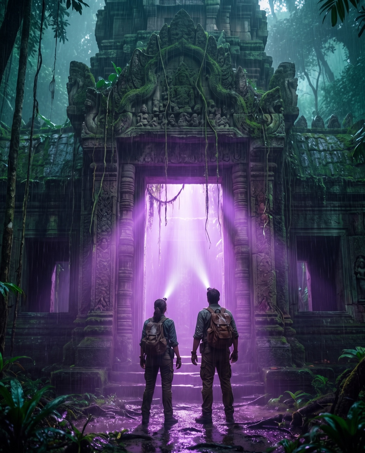 Two explorers standing before the temple gate, its doorway pouring violet light