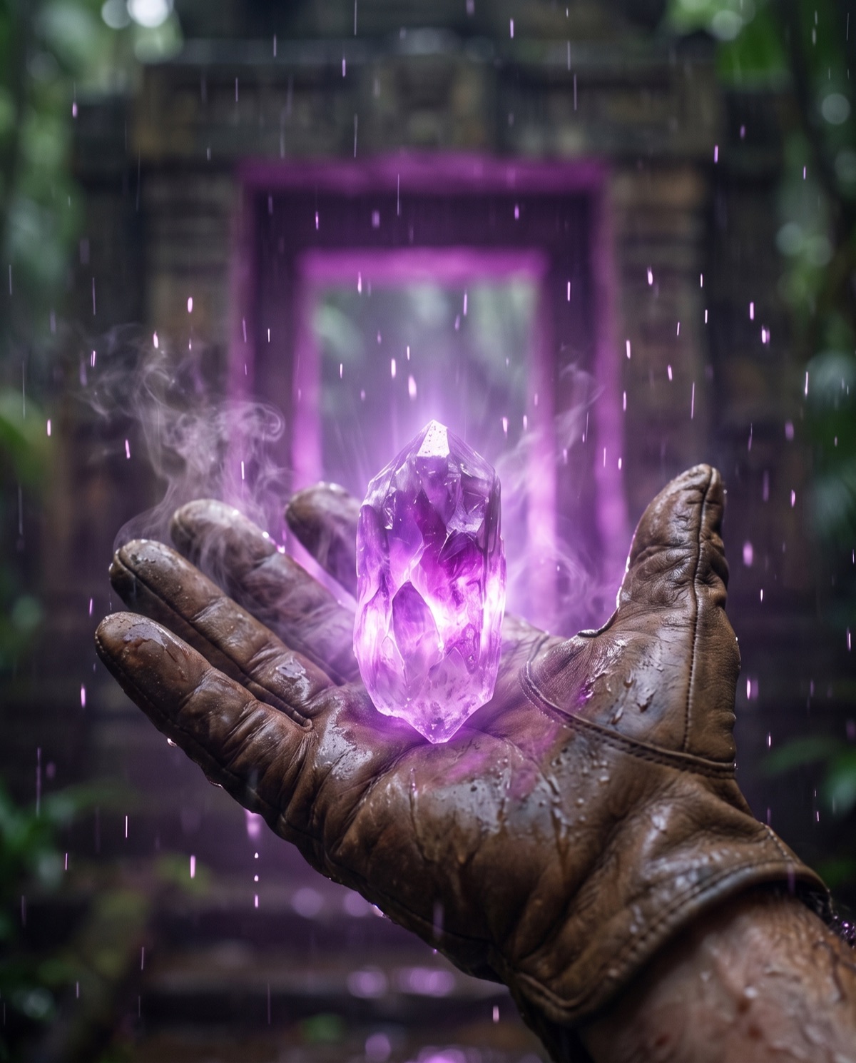 A gloved hand held open in the rain, a glowing amethyst shard resting in the palm