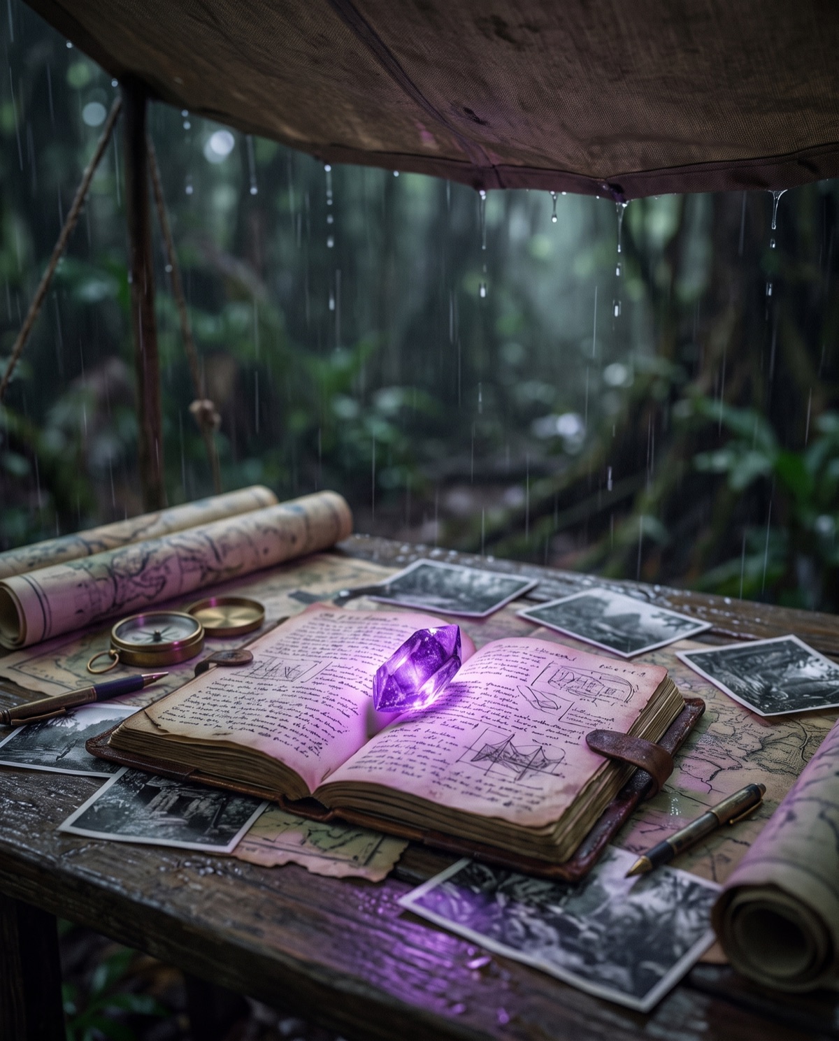 A field journal open on an expedition desk in the rain, a small amethyst glowing on its pages
