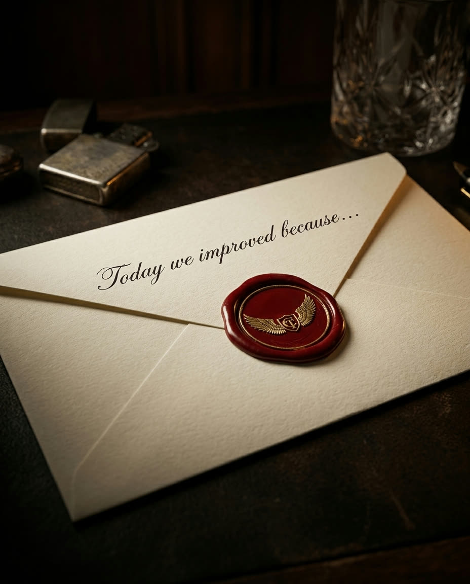 A wax-sealed envelope reading: Today we improved because…