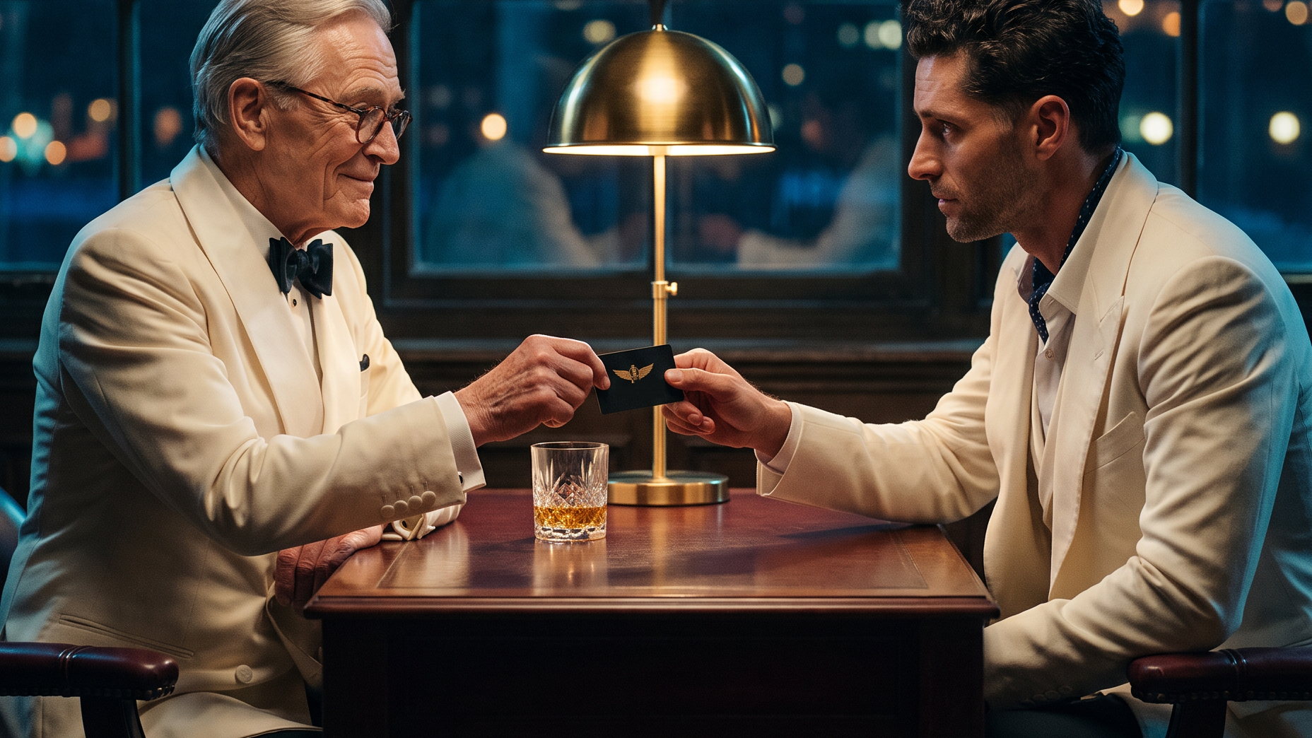 Bill the Starter hands the founder his black Country C1ub card across a mahogany table in the secret bar at night — a brass lamp and a whisky between them, city lights in the windows behind.