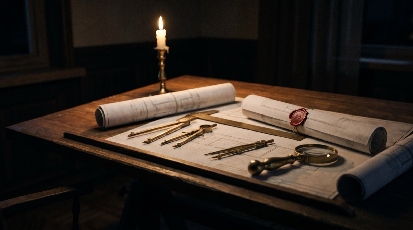 Rolled blueprints, brass drafting tools and a wax-sealed scroll on a drafting table by candlelight.