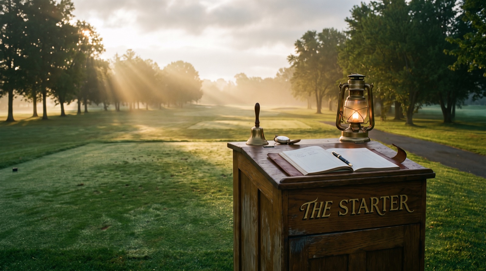 The Starter's wooden box on the first tee at dawn — a lantern, a brass bell, and an open tee sheet.