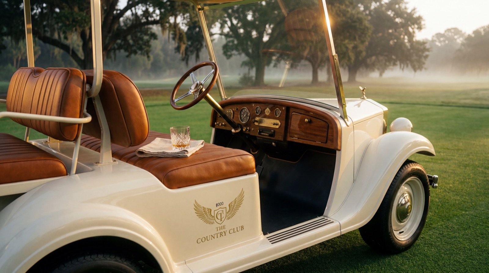 A cream vintage golf cart with tan leather seats and The Country Club crest on the side, on a misty fairway.