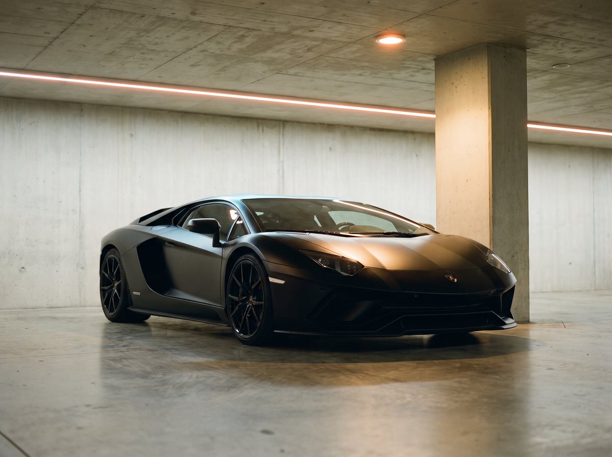 A matte black V12 supercar with an angular wedge silhouette in its garage bay