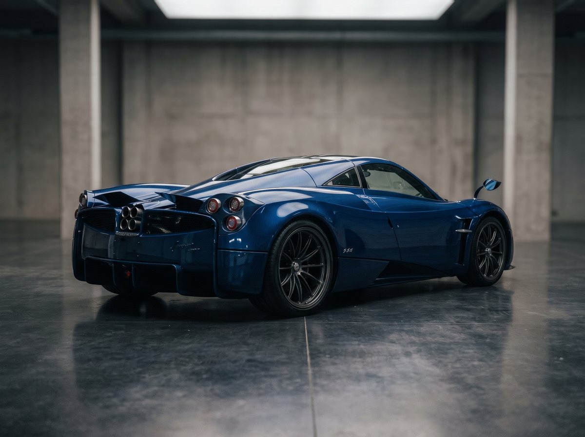 A deep sapphire blue hypercar with sculpted carbon curves in its garage bay