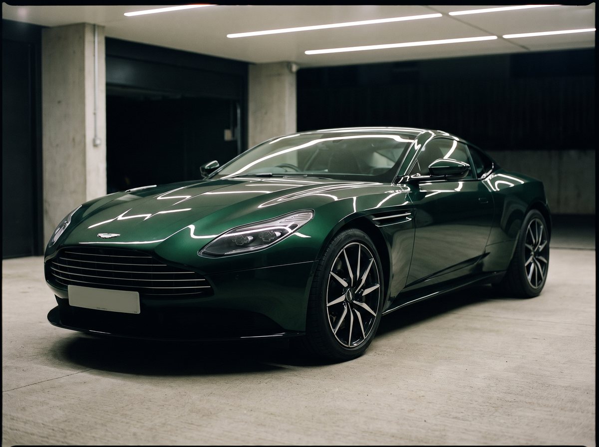 A British racing green grand tourer under a single warm downlight in its garage bay