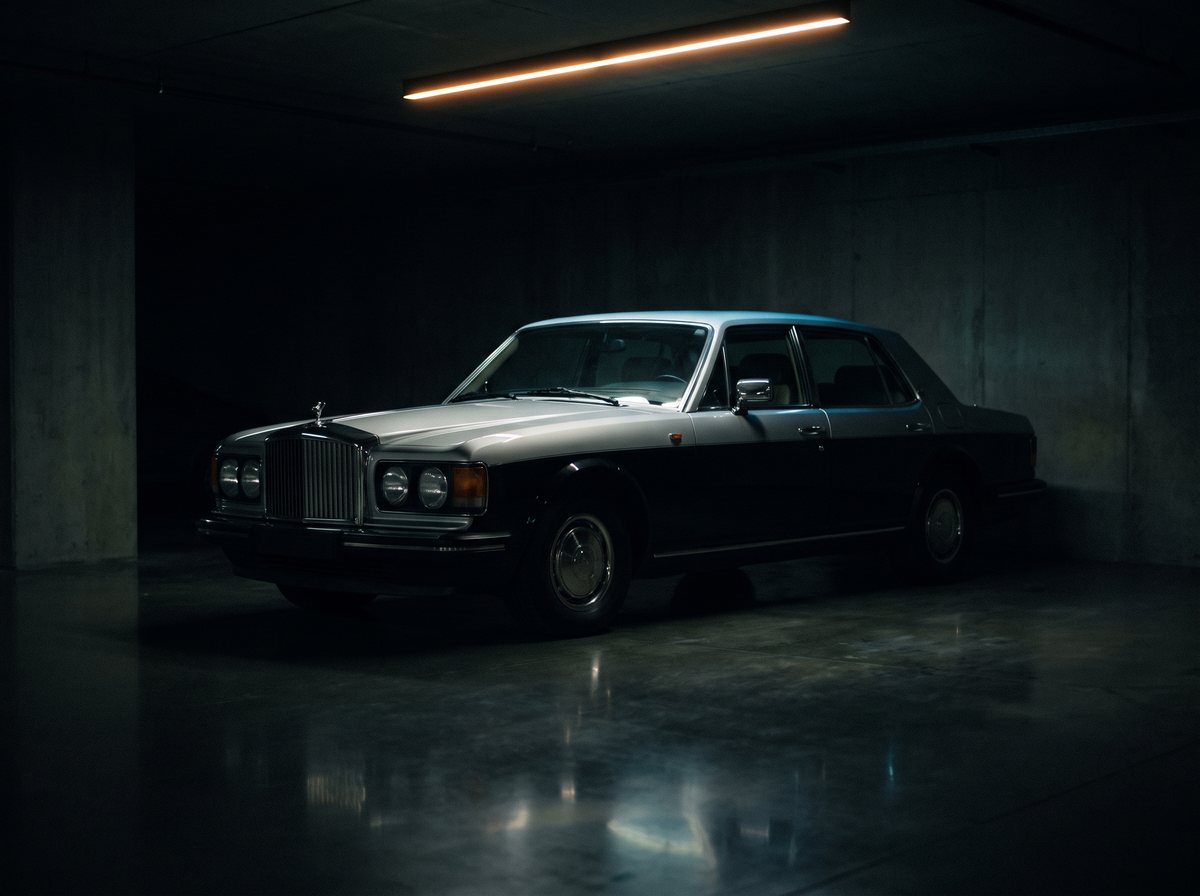 A two-tone silver-over-black ultra-luxury saloon with an upright chrome grille in its garage bay