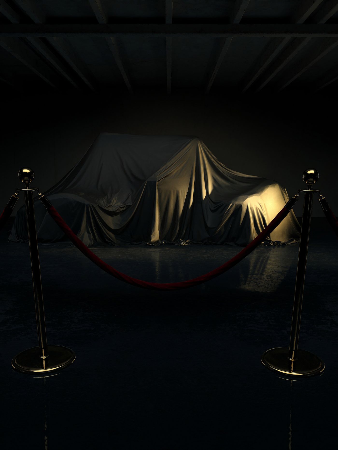 A car under a silk cover behind a red velvet rope, waiting in the dark of the garage