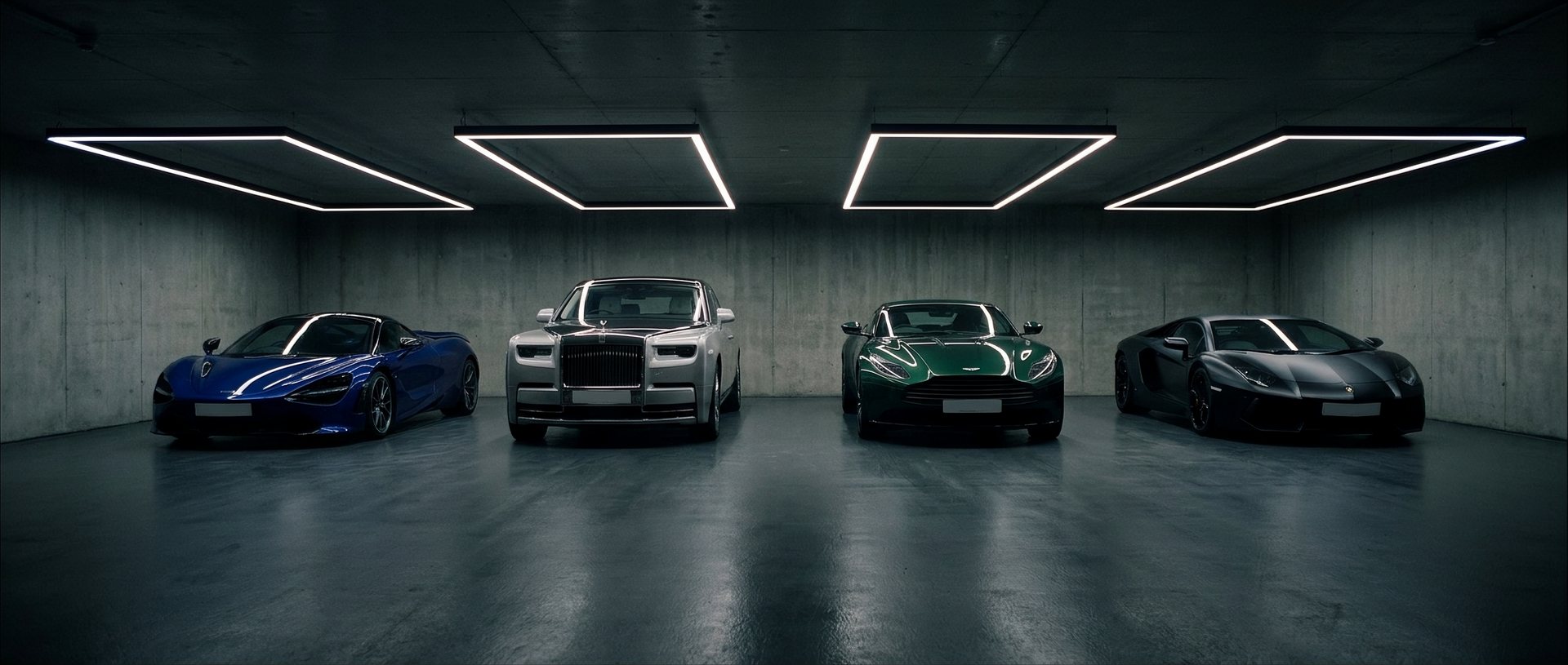 The garage floor tonight — the four machines side by side under the bay lights on dark polished concrete