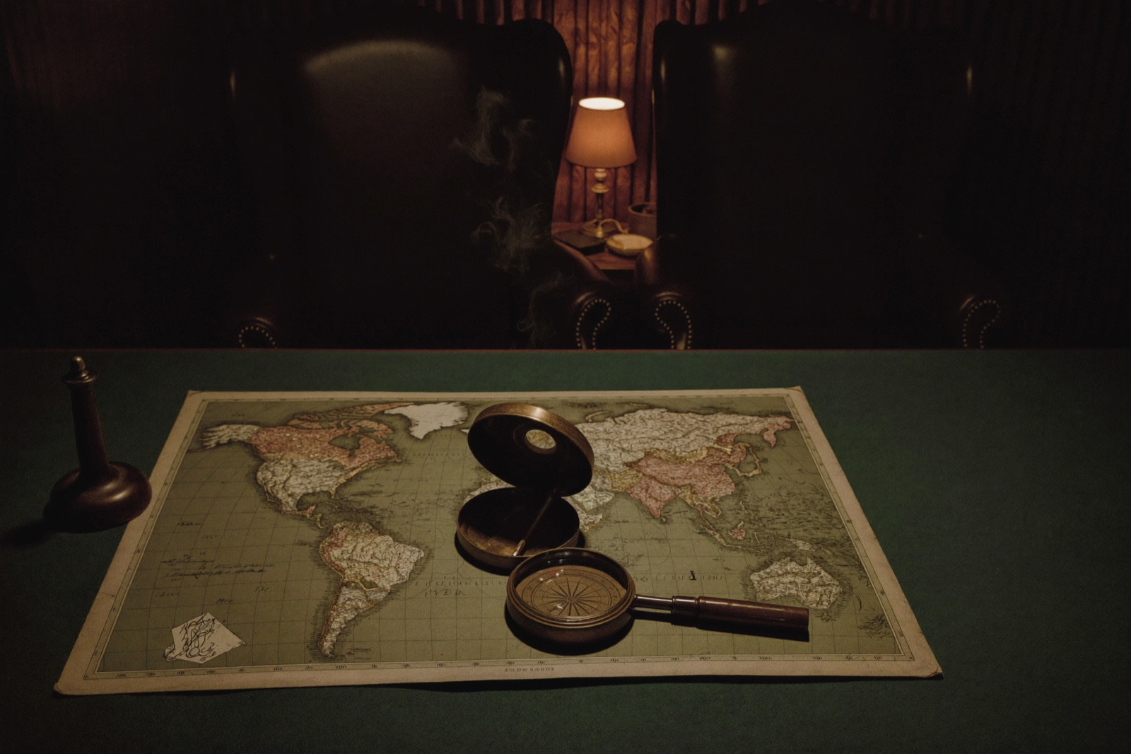 A candlelit strategy room with a world map on green felt
