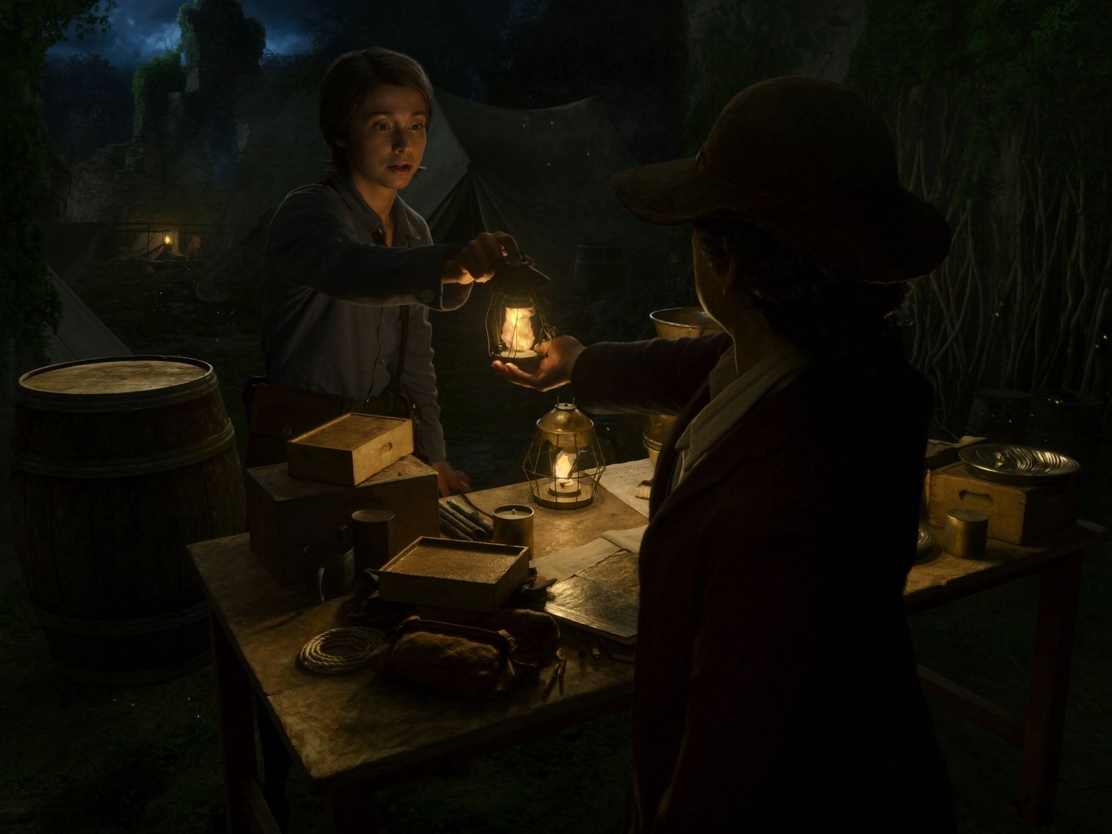 At a jungle camp at night, one explorer hands a glowing lantern to another — give first