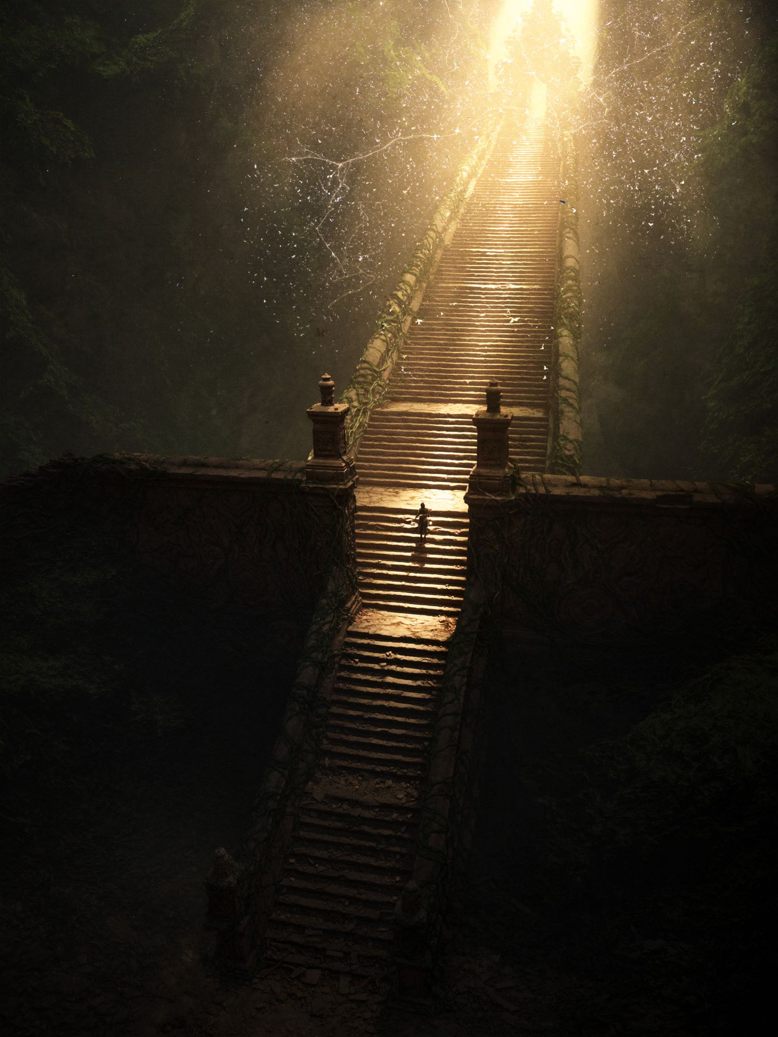 A temple staircase climbing out of the jungle toward golden light — trust climbs the same way