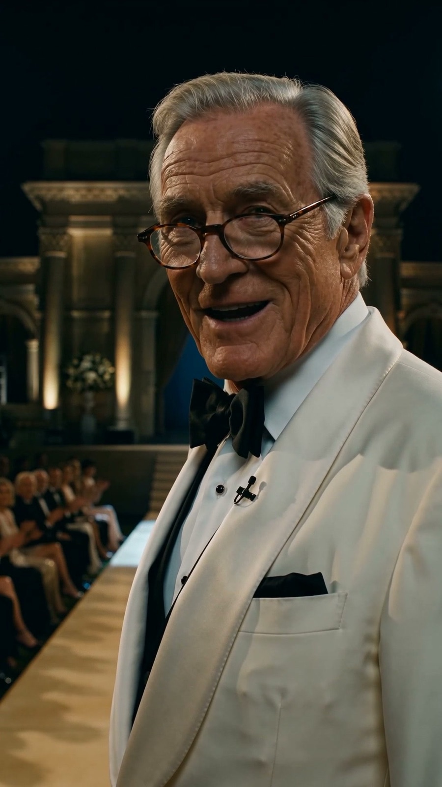 Bill — The Starter grinning at the gala crowd from the runway, white dinner jacket and black bow tie