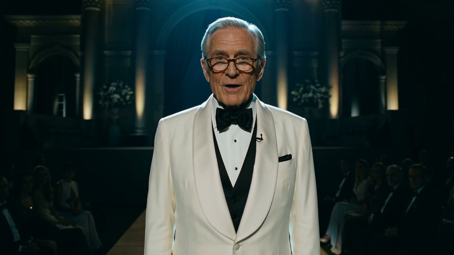 Bill — The Starter, in a white shawl-collar dinner jacket under a single spotlight at The Country C1ub gala