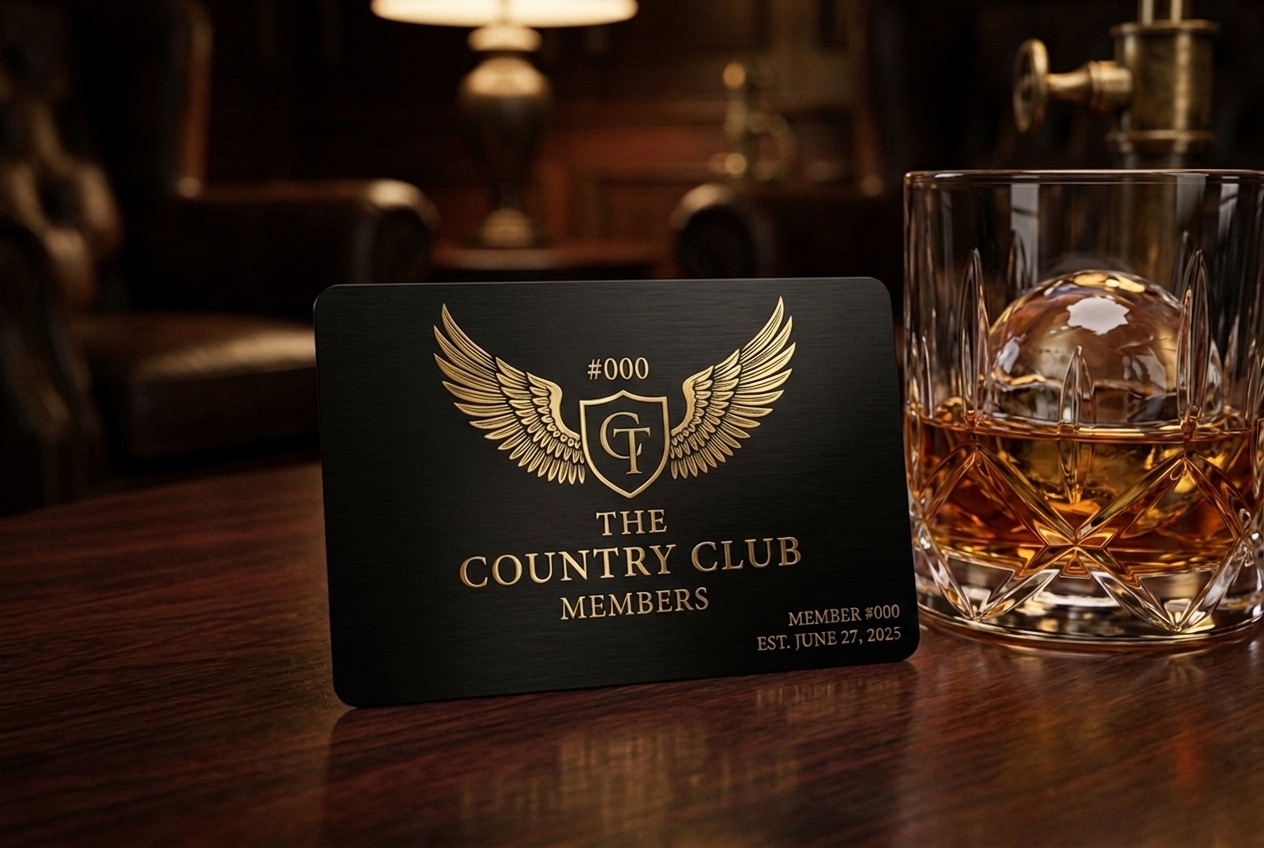 The Country C1ub membership card No. 000, Cameron Tennant, matte black metal engraved in gold