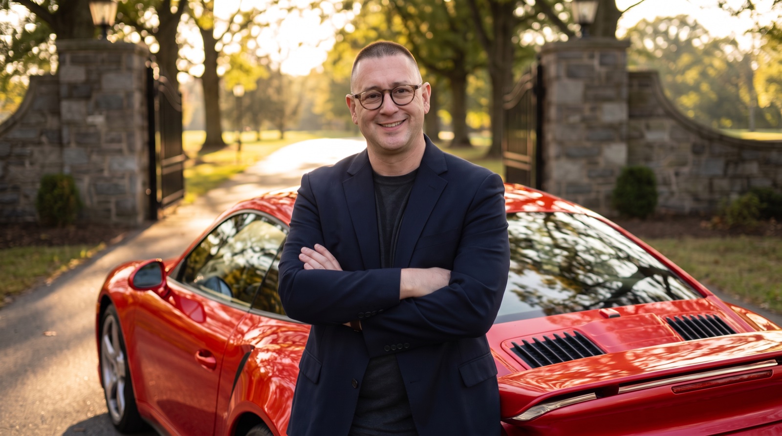 Craig Bowden with a Porsche 911 Turbo S at the club gates at golden hour — C1ub-commissioned portrait