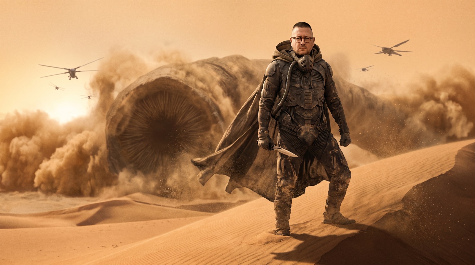 C1ub-commissioned portrait of Craig Bowden as a desert warrior on Arrakis, sandworm rising behind him — Dune style