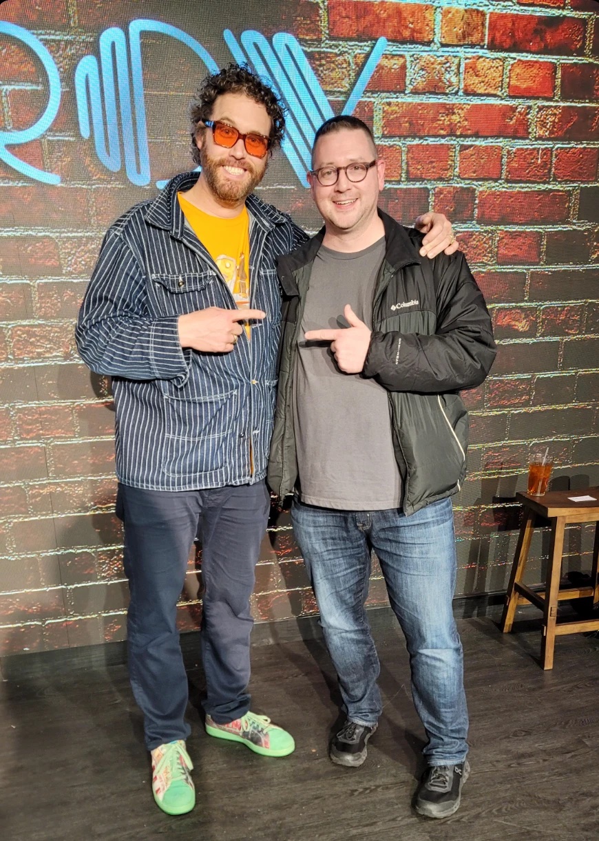 Craig Bowden with comedian T.J. Miller after a standup show