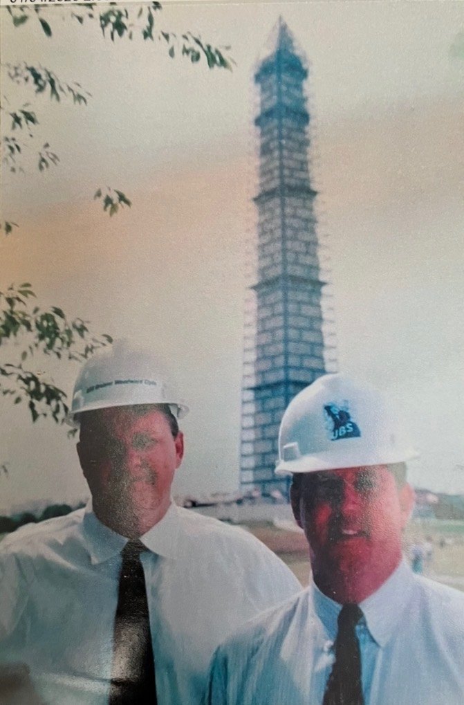 Craig O'Callaghan in a UBS hard hat on the Washington Monument scaffolding job, 2000