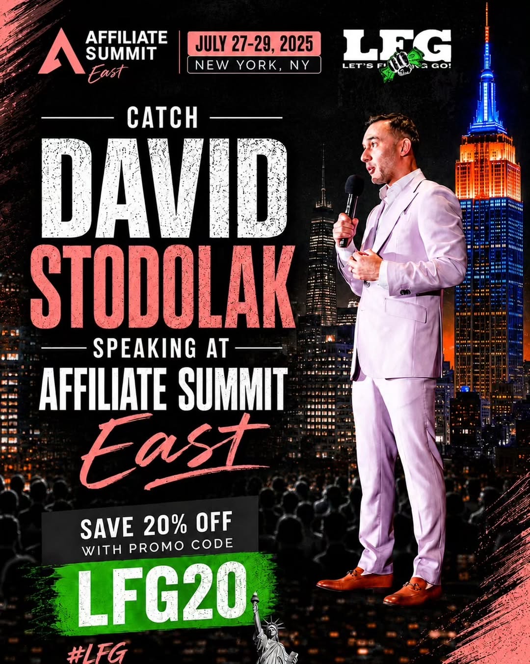 David Stodolak speaking with a microphone at Affiliate Summit East in New York
