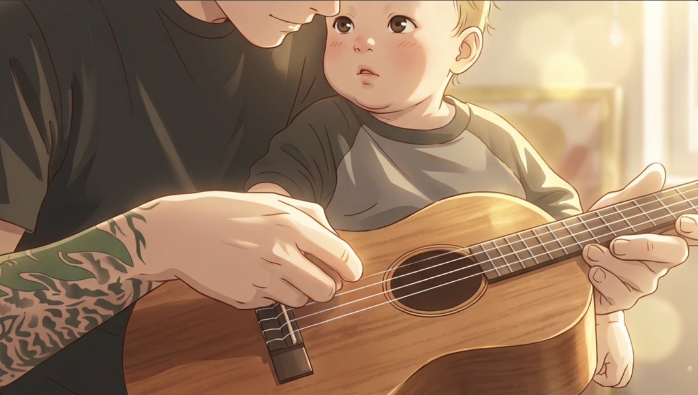 Derek Simper playing ukulele with his young son watching closely — engagement first, the heart of the Reading Before 3 method