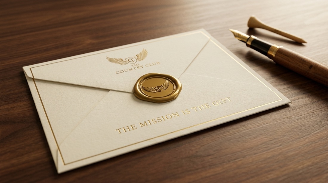 The Country C1ub envelope sealed in gold wax with the c1ub crest, engraved with the words The Mission Is The Gift
