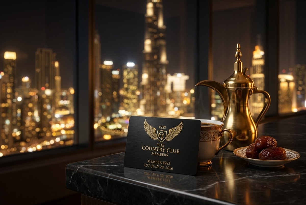 The Country C1ub membership card No. 283, matte black metal engraved in gold, on a marble ledge with Arabic coffee and the Dubai skyline lit behind it