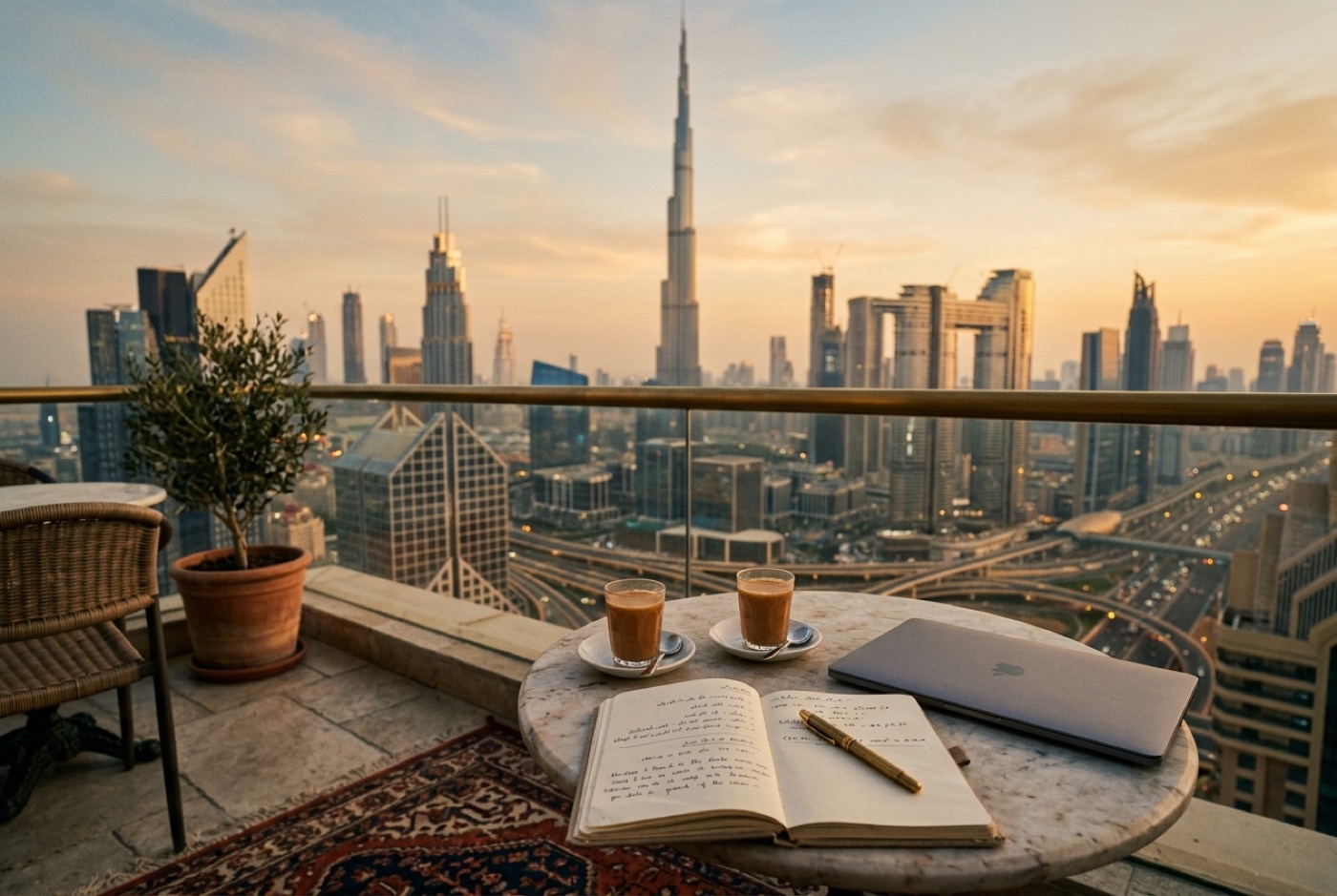A rooftop table in Dubai at golden hour with two glasses of karak tea, an open notebook and a laptop, the Burj Khalifa and the city skyline behind