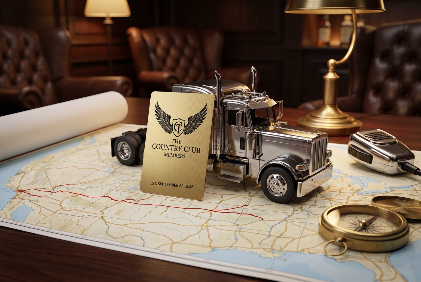Peter Lehrack's Gold Edition Country C1ub card in brushed gold, leaning on a chrome semi model over a route map