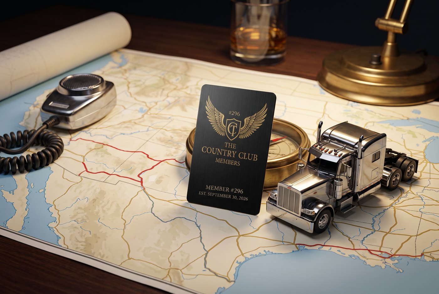 Peter Lehrack's Country C1ub member card leaning on a brass desk compass over an unrolled cross-country route map, a chrome long-nose semi model and a CB mic beside it