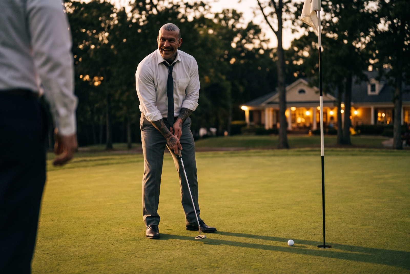 Sandor grinning over a putt on the practice green at dusk, sleeves rolled, tie loosened.