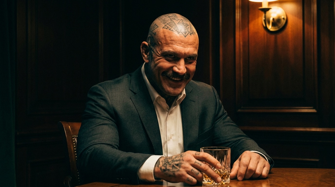 Sandor — The Romanian Bull, tattooed and grinning over a glass of whiskey at a wood-paneled card room table at The Country C1ub